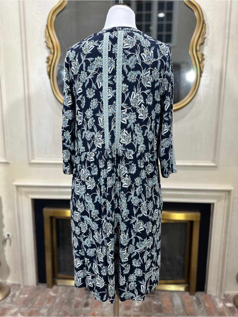 J. Jill Navy Floral Paisley Empire Waist Dress M Petite Boho Cottagecore 3/4 Slv - Picture 4 of 10
